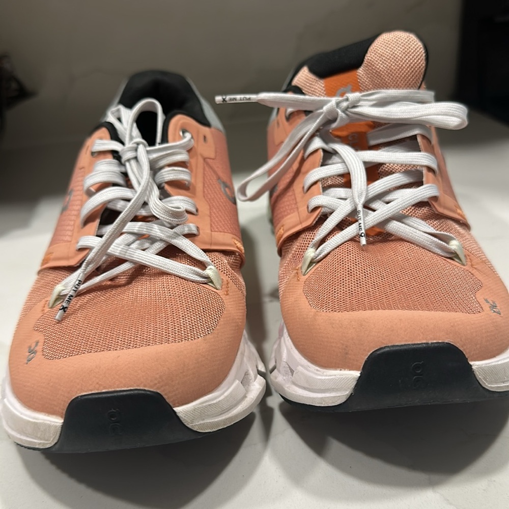 On Running Peach and White Women's Sneakers - Picture 3 of 10